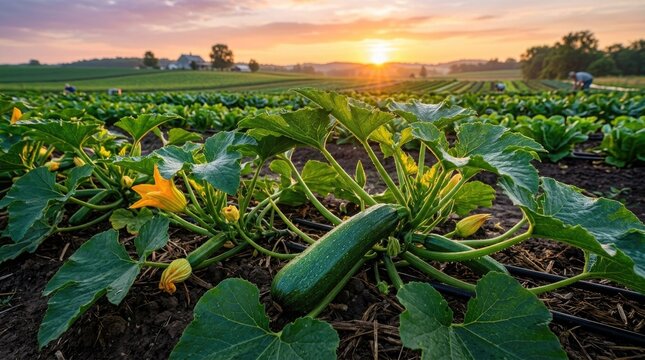 Fresh green zucchini squash plant growing in agricultural field during vibrant golden sunrise showing organic fresh vegetable crop harvesting concept