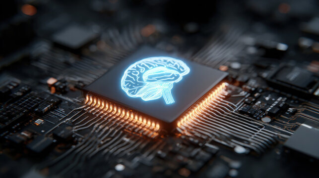 Microchip processor features a glowing brain icon representing artificial logic.