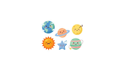 Cute solar system vector cartoon character collection with smiling sun, earth, saturn, sleeping moon, and star for nursery room decoration design. © Ruma