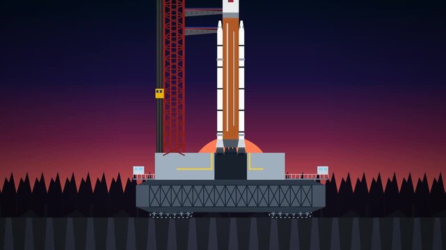 2D animation of a modern heavy lift space rocket moving on a crawler transporter platform passing by a silhouette of a forest against a dark dawn sky