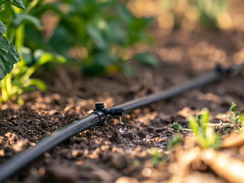 Drip irrigation emitter line running along garden plants with water dripping from emitter