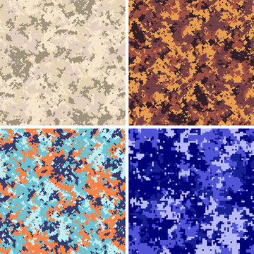 Four seamless camouflage swatches feature rust, ruby, teal, blue palettes plus eroded organic marks, autumnal pack suits fabric, stationery, labels, merchandise, textiles, covers, graphics asset.