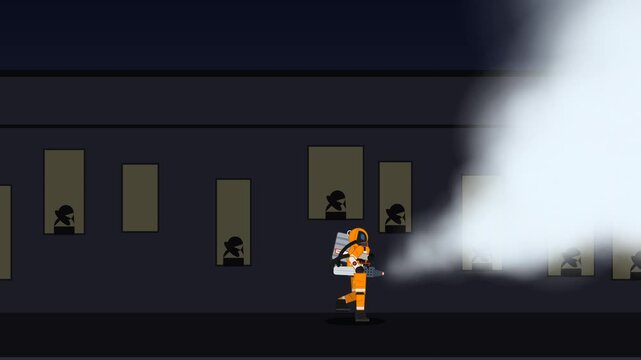 2D animation of an exterminator in an orange hazmat suit spraying mosquito fogging or disinfectant chemical mist in front of a residential building at night