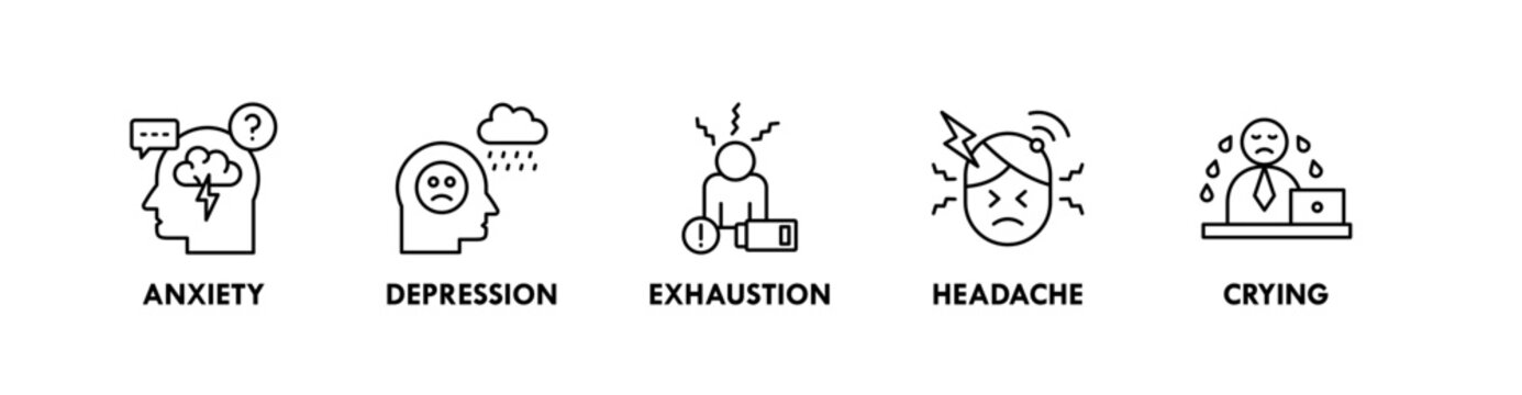 Burnout banner web icon illustration concept with icon of anxiety, depression, exhaustion, headache, and crying
