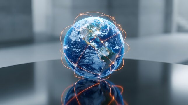 Global network connections illuminate planet Earth with glowing orange lines and nodes.