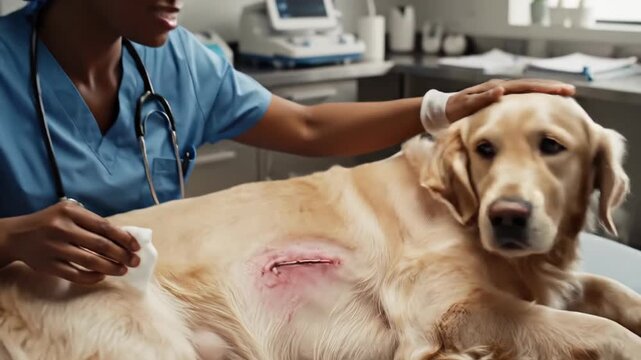 African American woman veterinarian cleaning skin incision on sleeping golden retriever dog in clinic. Medical care, surgery recovery and pet treatment concept