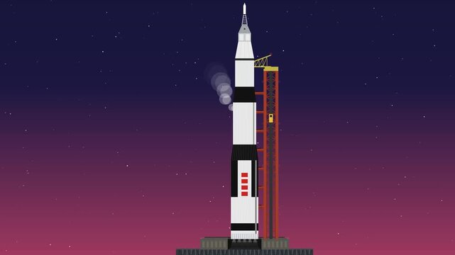 2D animation of a heavy space rocket on a crawler transporter moving slowly towards the launchpad against a dawn starry sky with a service tower attached