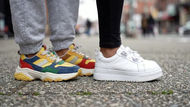 Urban street style: close-up of two people wearing trendy colorful chunky sneakers and minimalist white platform shoes on city sidewalk