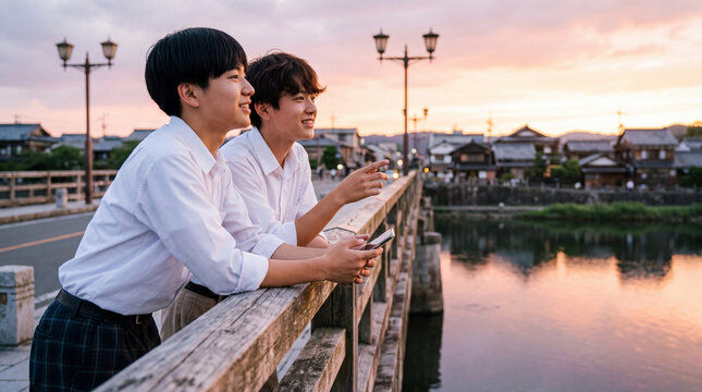 石橋の欄干にもたれ夕景の街並みを眺める男子二人 ｜ 水郷の夕暮れ