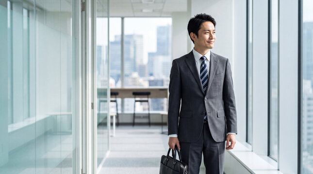 黒い鞄を手に高層ビルを歩く自信満々の会社員 ｜ ガラス張りの廊下