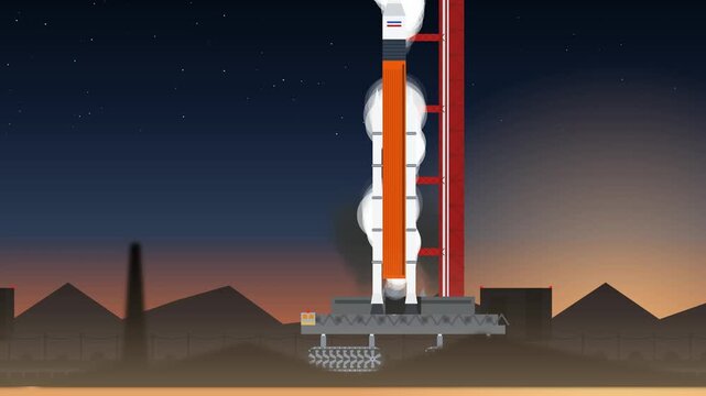 2D animation of a large space rocket on a crawler transporter moving slowly towards the launch pad during sunset against a starry sky