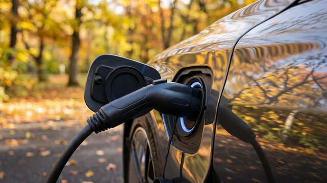 Electric car parked in park during autumn. Vehicle charging session in progress at charging station. Renewable energy transportation technology and modern lifestyle