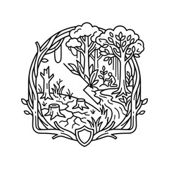 Obraz premium Professional Black and White Line Drawing of Whimsical Forest Scene with Hidden Faces Trees and Animals Inside a Frame