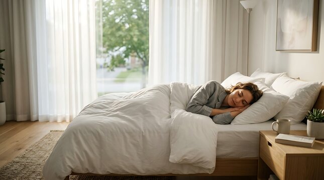 Peaceful Slumber: A woman finds serene rest as she sleeps soundly in a beautifully made bed, bathed in the soft, natural light filtering through sheer curtains.