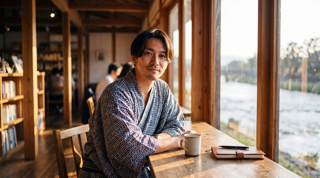 川を望む古民家カフェで手帳を広げ寛ぐ浴衣の男性 ｜ 藍の絣と木の梁