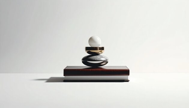 Balanced zen stones and white sphere on books.