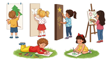Creative children drawing and painting set, diverse group of kids making art, young students in art class, little artists with easel and crayons