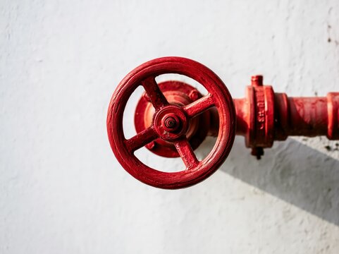 Red fire hose valve on a standpipe connection against a plain wall with hard light source