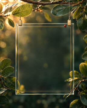 Luxury transparent glass frame suspended among green leaves with ladybug, golden sunlight and clean copy space for botanical invitation or natural brand design