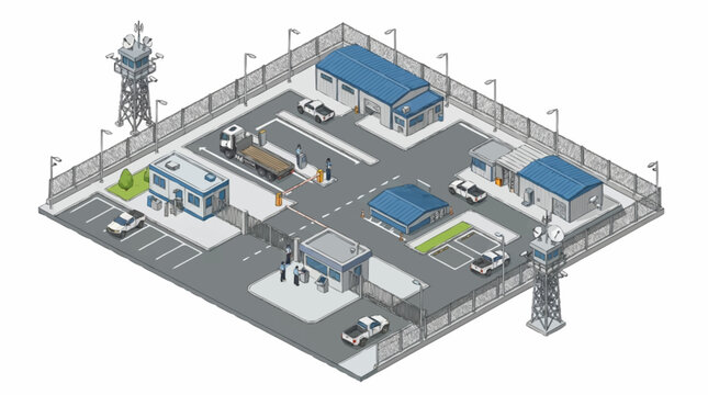 Isometric view of a modern industrial facility with security.