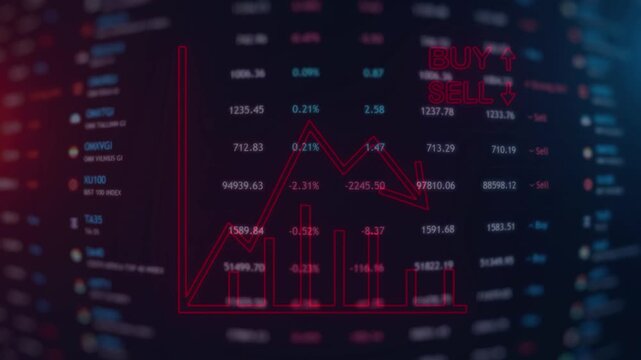 Bearish stock market concept showing a glowing red descending line chart and sell signal over abstract financial data. Illustrates economic crisis, investment loss, and trading crash.