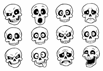 Obraz premium Set of twelve expressive cartoon skull illustrations with humorous facial expressions twelve hand