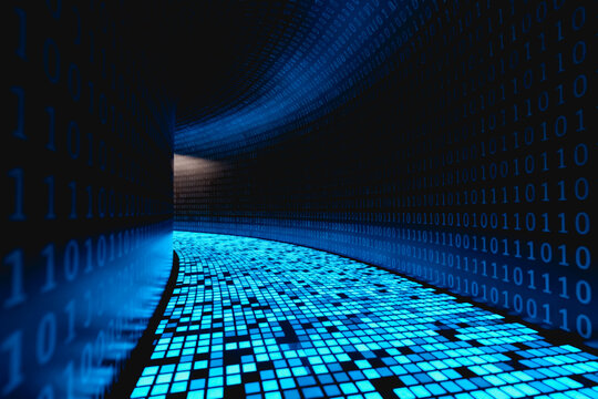 A futuristic tunnel lined with binary code, representing digital data flow and information technology.