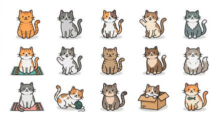Collection of colorful cartoon cats in various poses. © To