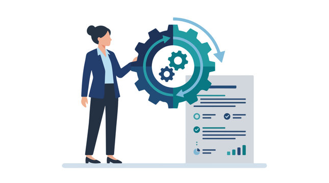A professional woman manages business operations and workflows, symbolized by large interconnected gears and a detailed analytical report.