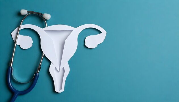 A stethoscope next to a uterus cutout, symbolizing medical care and awareness for ovarian cancer and women's health issues