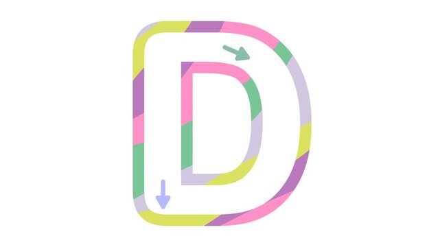 Capital letter D writing animation with direction arrows on a white background. Educational video asset for kids, preschool, and kindergarten students learning handwriting, alphabet tracing, and ABCs.