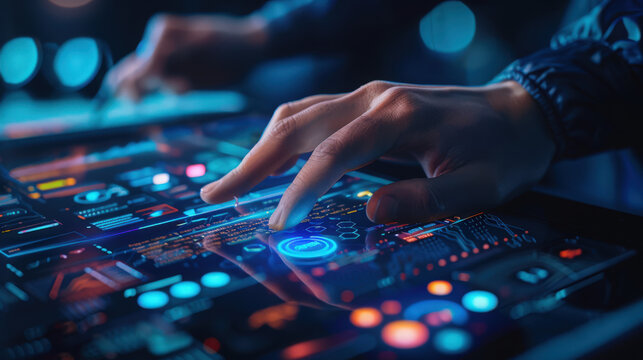 Engineer interacts with a touch sensitive screen displaying advanced graphics.