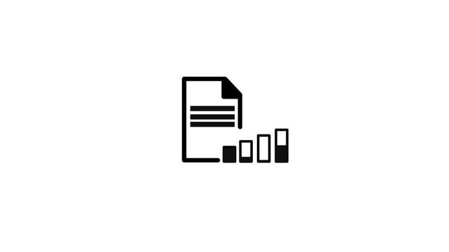 Simple black outline icon featuring a document file alongside a rising bar chart, representing business reports, data analysis, and financial records.