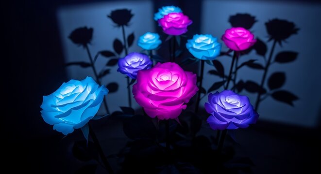 Vibrant Glowing Roses Illuminating a Dark Setting with Blue and Pink Hues.