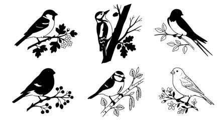 Elegant Minimalist Songbird Vector Illustration Set with Hand Drawn Branch Elements © MdAbdus