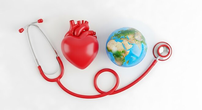 Global Heart Health - Stethoscope, Anatomical Heart, and Earth Globe on White Background.