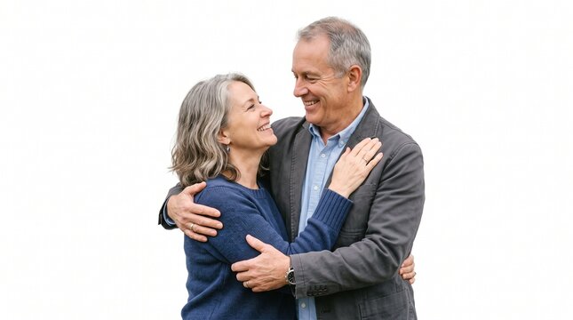 An older couple, deeply in love, embracing each other with smiles and warmth. Their bond is evident as they look into each other's eyes
