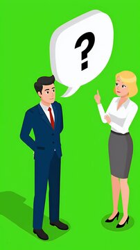 Man and woman in business attire discussing with question mark speech bubble, communication problem, confusion, uncertainty