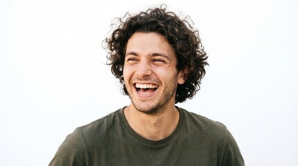 Fototapeta premium A man with curly hair laughing heartily, looking to the side with genuine joy. His eyes are crinkled, and his mouth is wide open in a spontaneous burst of laughter.