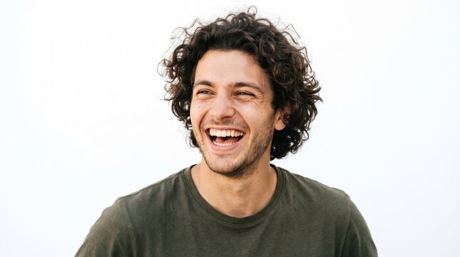 A man with curly hair laughing heartily, looking to the side with genuine joy. His eyes are crinkled, and his mouth is wide open in a spontaneous burst of laughter.