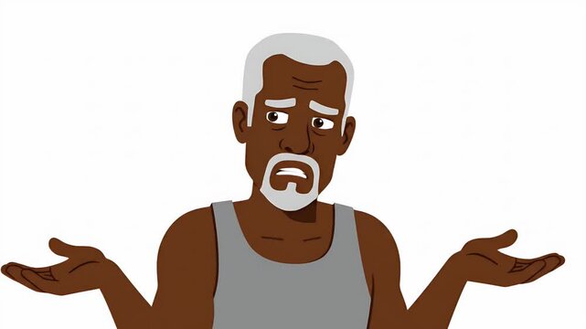Animated elderly man thinking then shrugging shoulders, questioning, uncertainty, confusion, expressive character, motion graphic