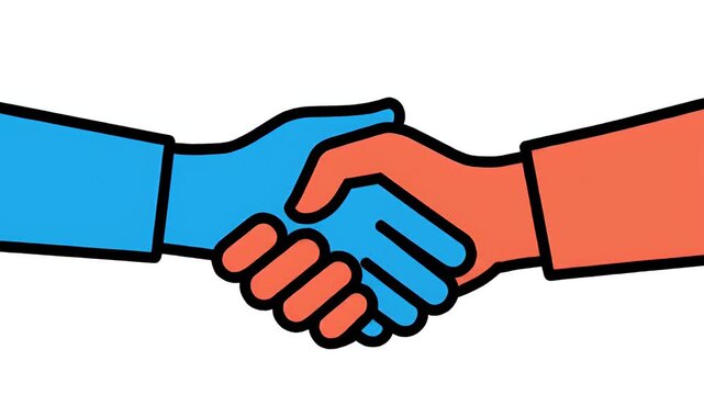 Two animated hands, blue and orange, reaching to shake, symbolizing agreement, partnership, and deal-making