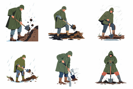 Set of illustrations showing soldiers in raincoats and helmets digging trenches in the mud during rainy weather, historical military concept.