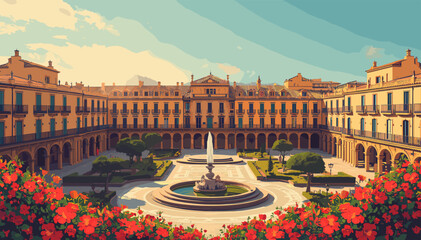 A grand European plaza with a central fountain, surrounded by arcaded buildings and vibrant red flowers in bloom. © grabah