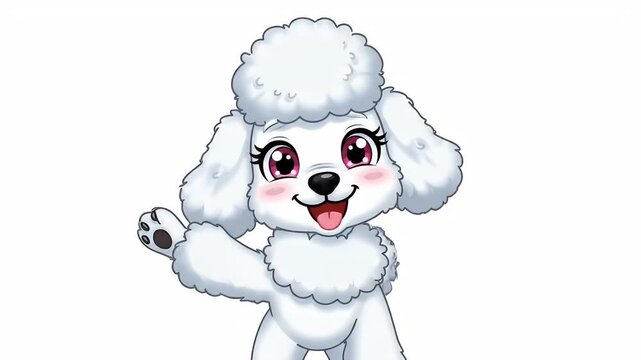 Animated cartoon white poodle dog waving hello, playful, cute, friendly, isolated on white background, motion graphic loop