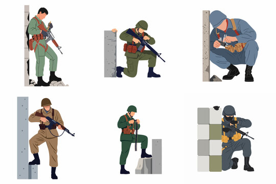 Collection of six stylized soldiers in tactical gear, loading weapons and taking cover behind walls for military combat illustration.