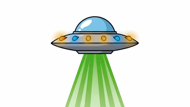 Pixel art flying saucer UFO with green alien abduction beam, retro sci-fi animation