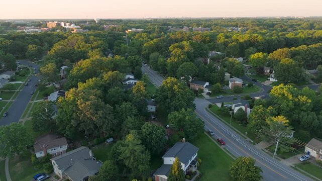 Aerial drone view of a lush suburban neighborhood in Fairfax, Northern Virginia at golden hour. Homes and a main road with cars are surrounded by green trees, with a distant city skyline.