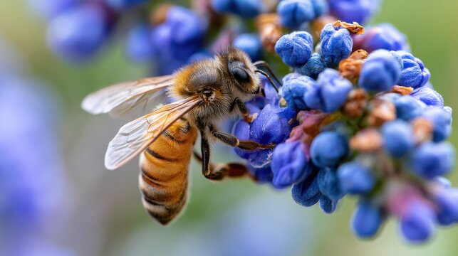 Close up of a honeybee pollinating vibrant blue flowers in spring