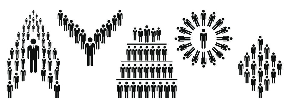 Business leadership teamwork concept set featuring corporate people icon formations in arrow pyramid circle and diamond structures